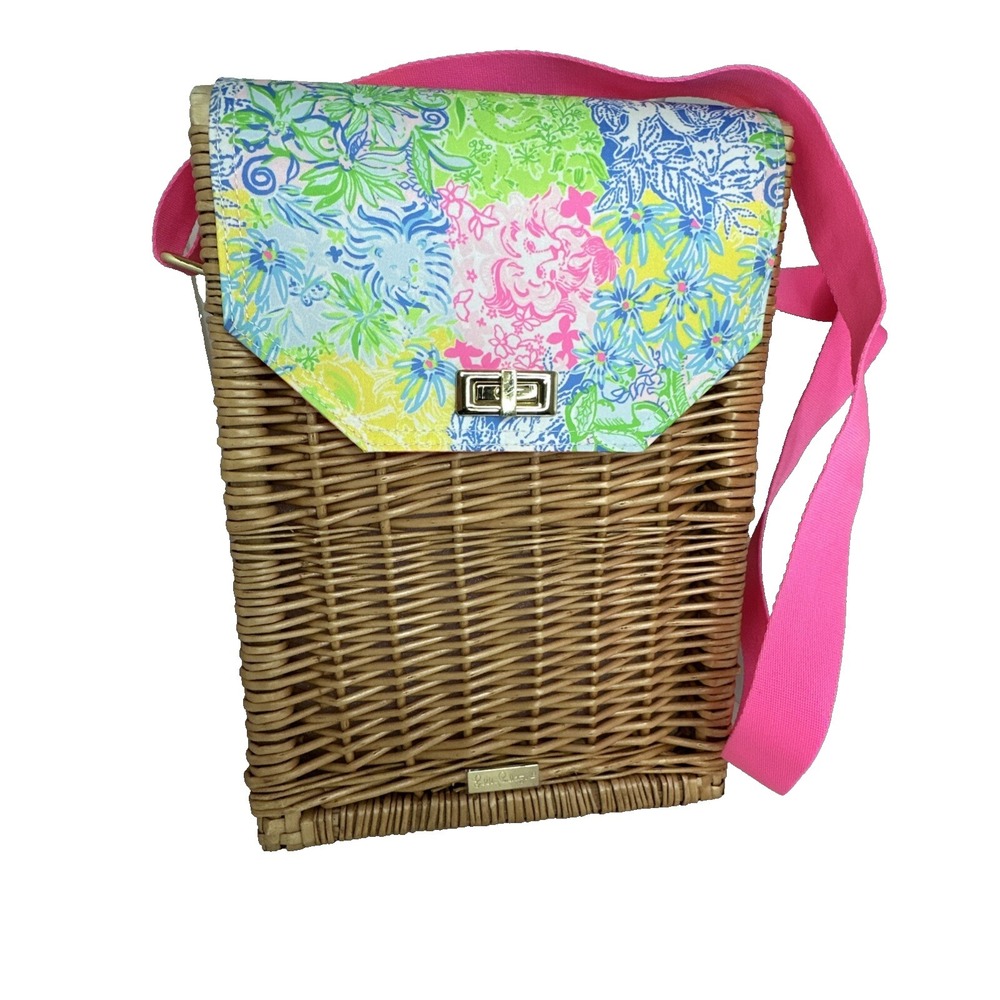 Lilly Pulitzer Wicker Wine Picnic Basket 2 Bottle Caddy Cheek To Cheek Print